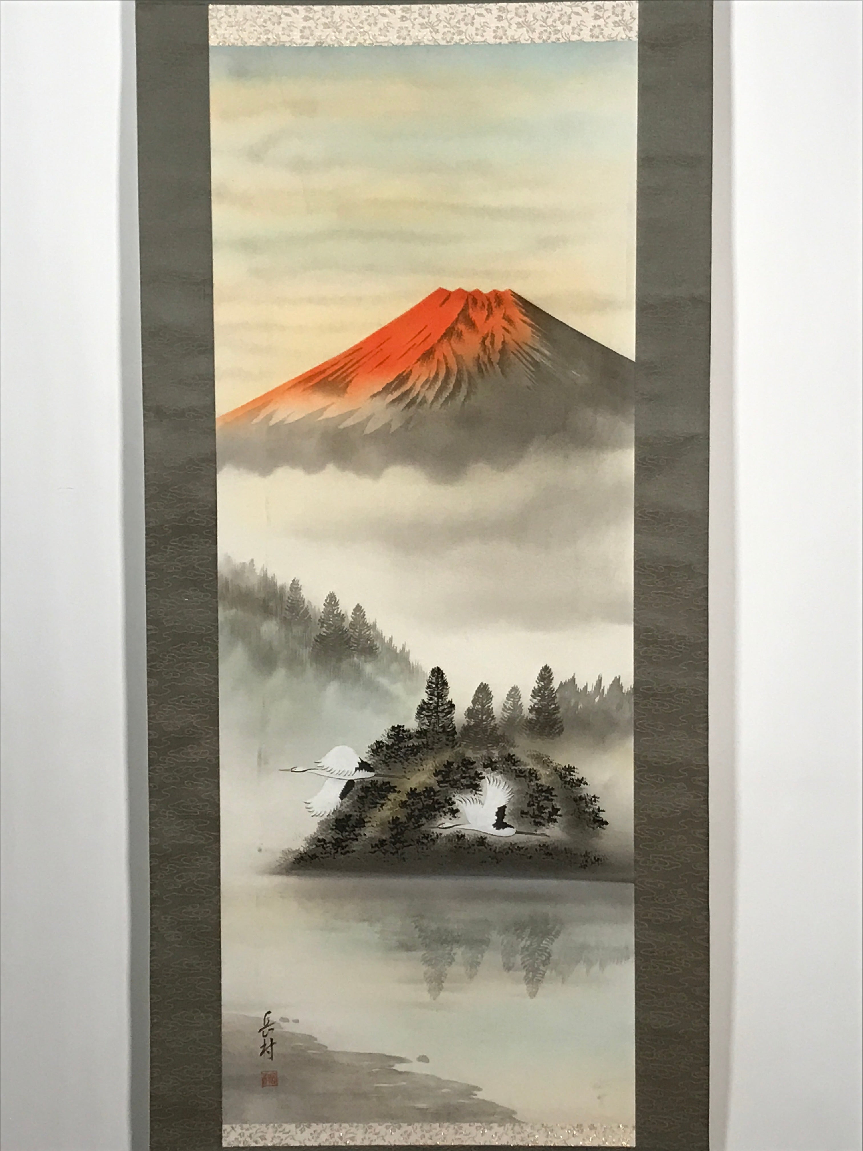 Japanese Hanging Scroll Vtg Red Fuji Flying Cranes Takemura Kakejiku SC902
