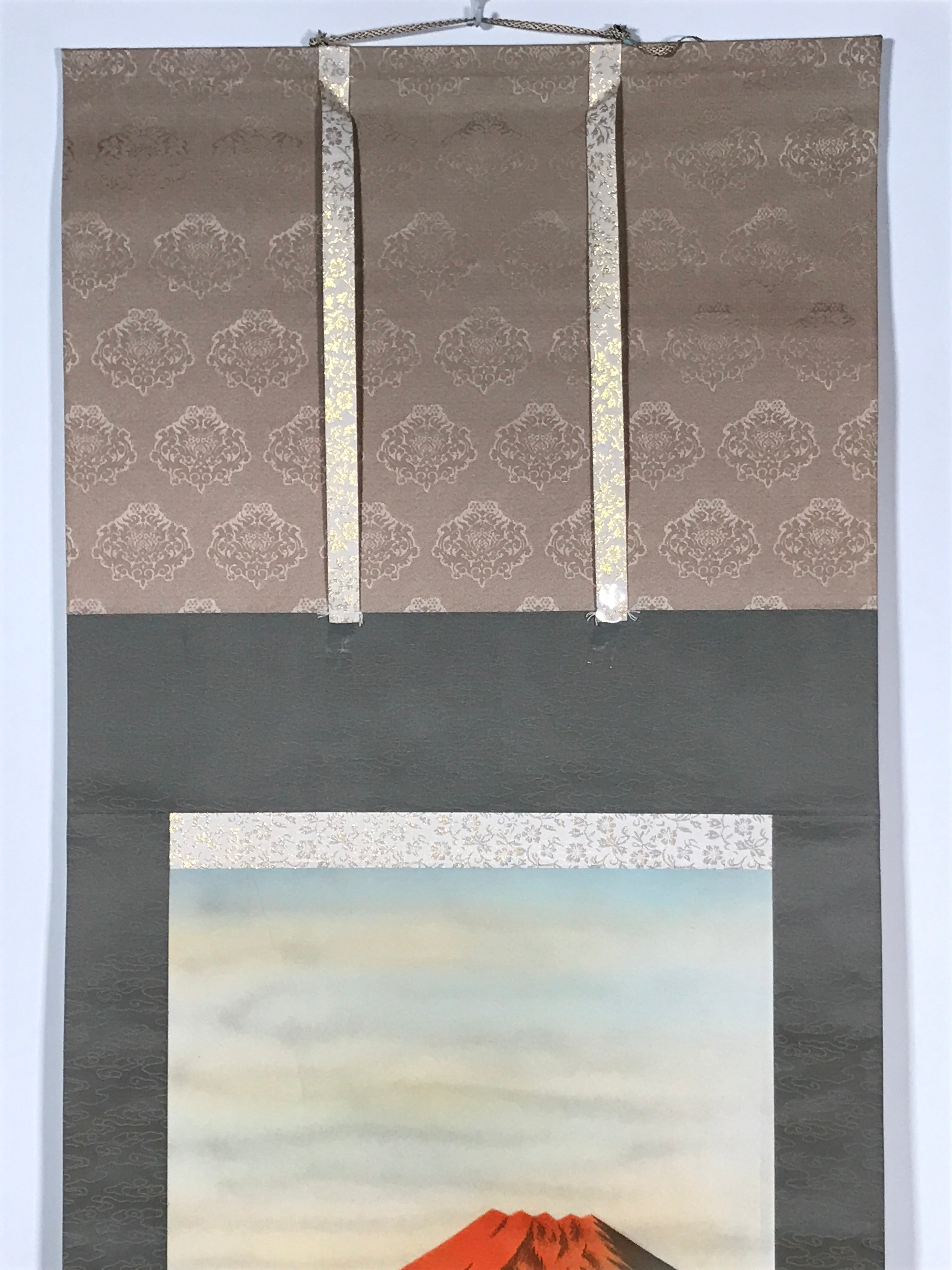 Japanese Hanging Scroll Vtg Red Fuji Flying Cranes Takemura Kakejiku SC902