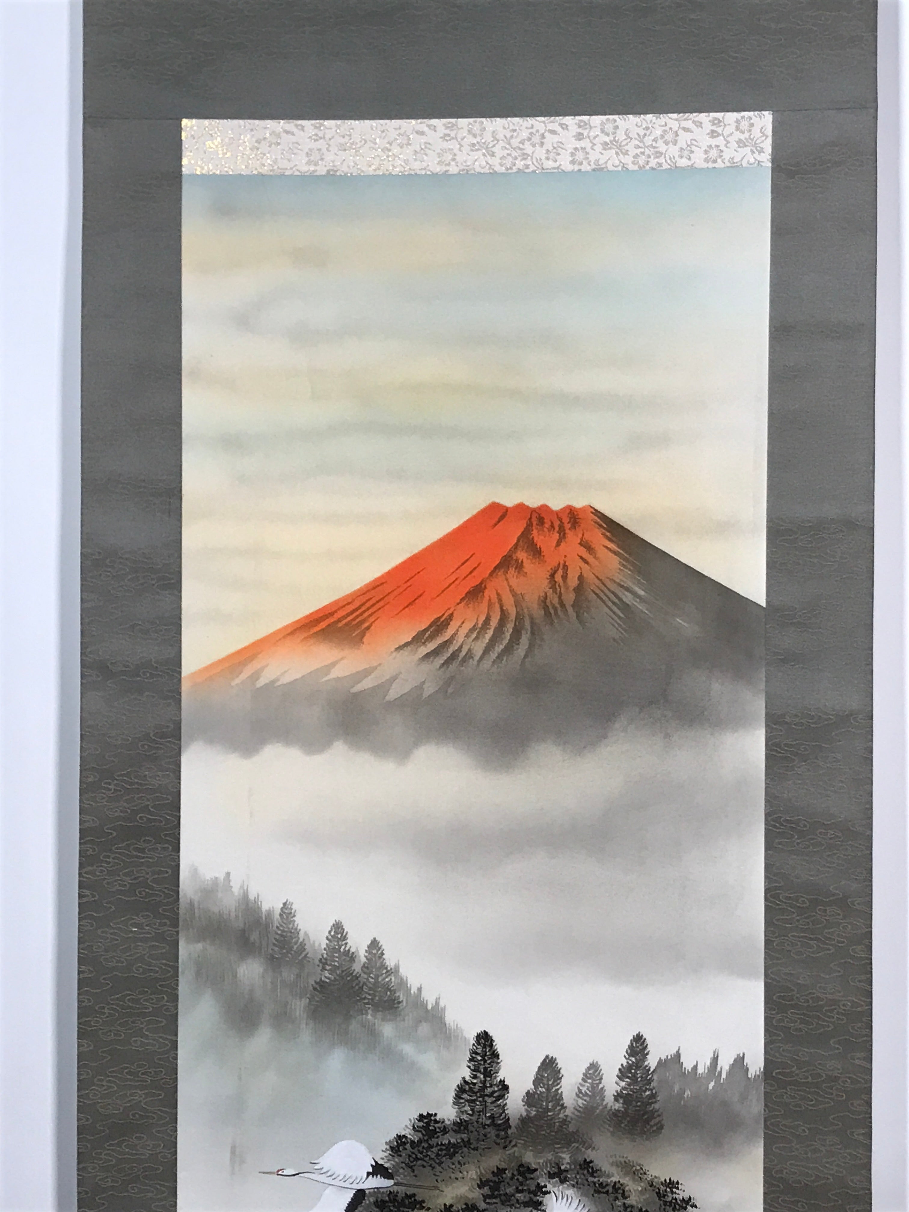 Japanese Hanging Scroll Vtg Red Fuji Flying Cranes Takemura Kakejiku SC902