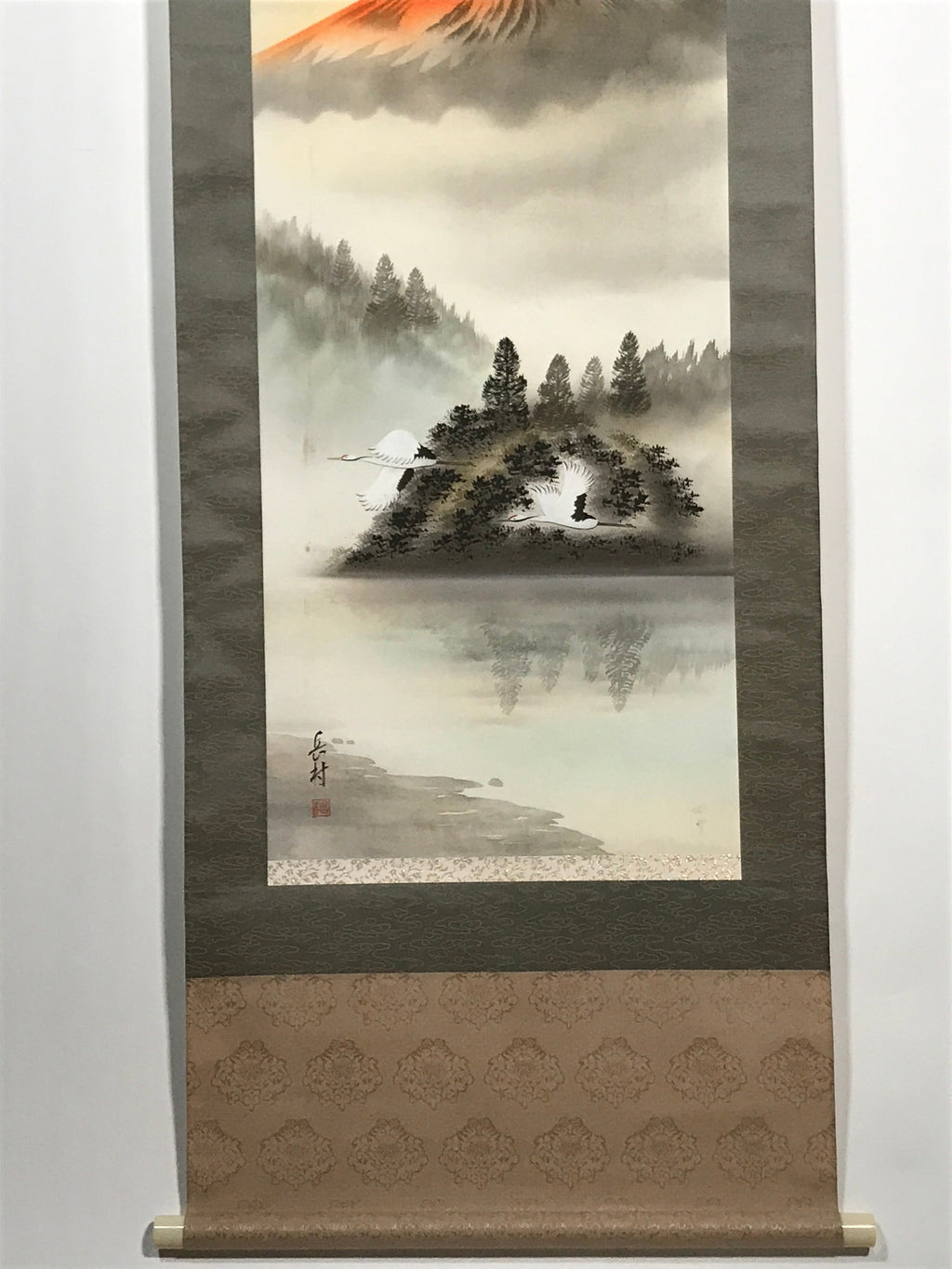 Japanese Hanging Scroll Vtg Red Fuji Flying Cranes Takemura Kakejiku SC902