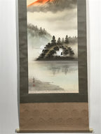 Japanese Hanging Scroll Vtg Red Fuji Flying Cranes Takemura Kakejiku SC902