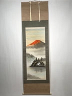 Japanese Hanging Scroll Vtg Red Fuji Flying Cranes Takemura Kakejiku SC902
