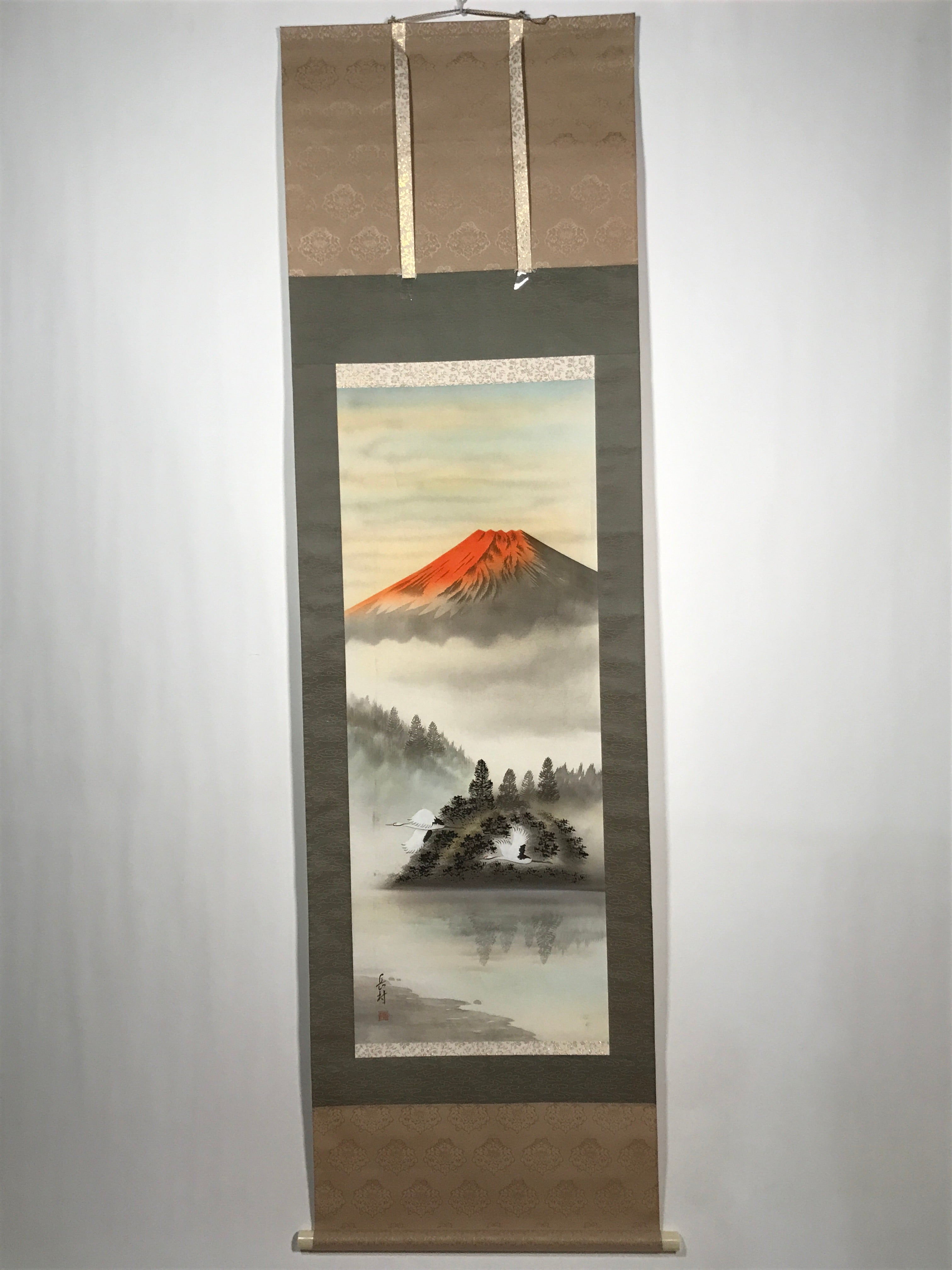 Japanese Hanging Scroll Vtg Red Fuji Flying Cranes Takemura Kakejiku SC902