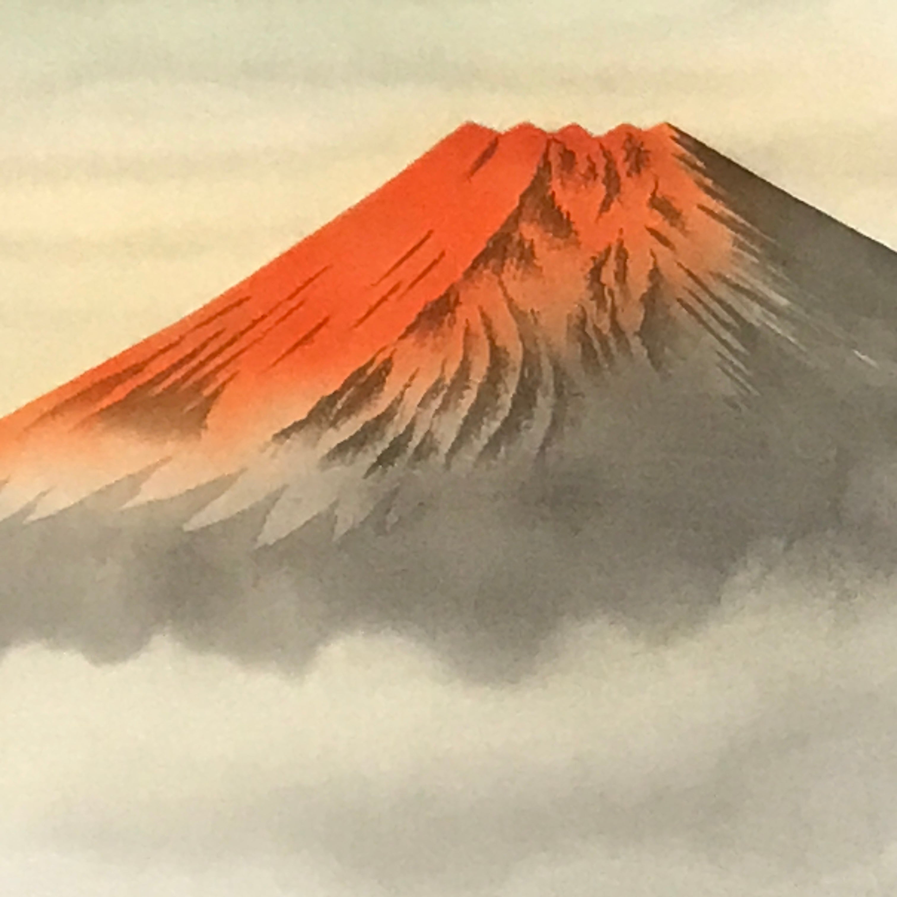 Japanese Hanging Scroll Vtg Red Fuji Flying Cranes Takemura Kakejiku SC902