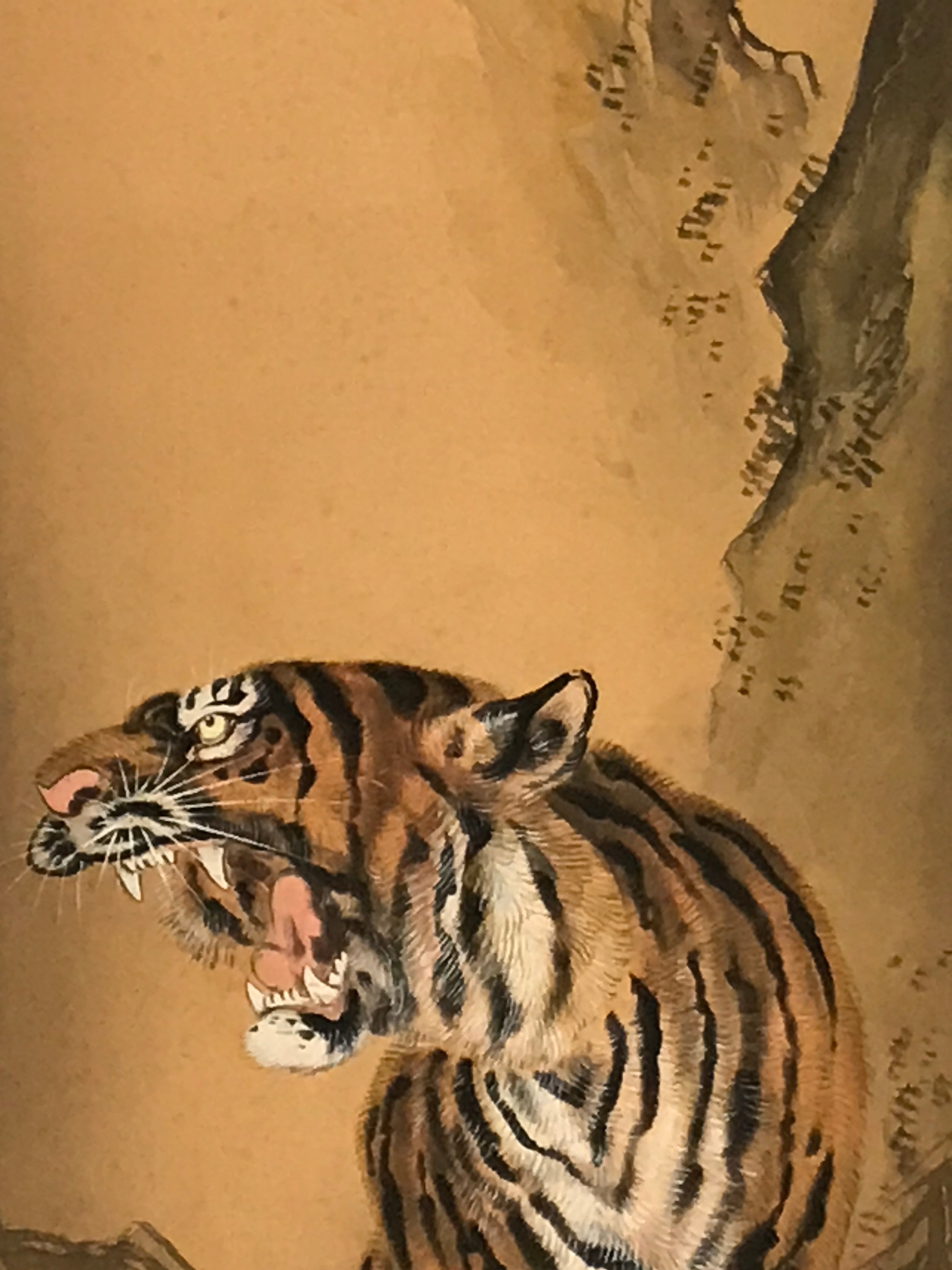 Japanese Hanging Scroll Vtg Roaring Tiger Orange Zodiac Animal Kakejiku SC819