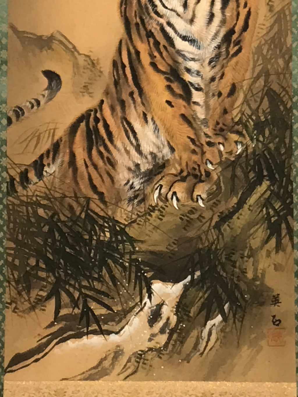 Japanese Hanging Scroll Vtg Roaring Tiger Orange Zodiac Animal Kakejiku SC819