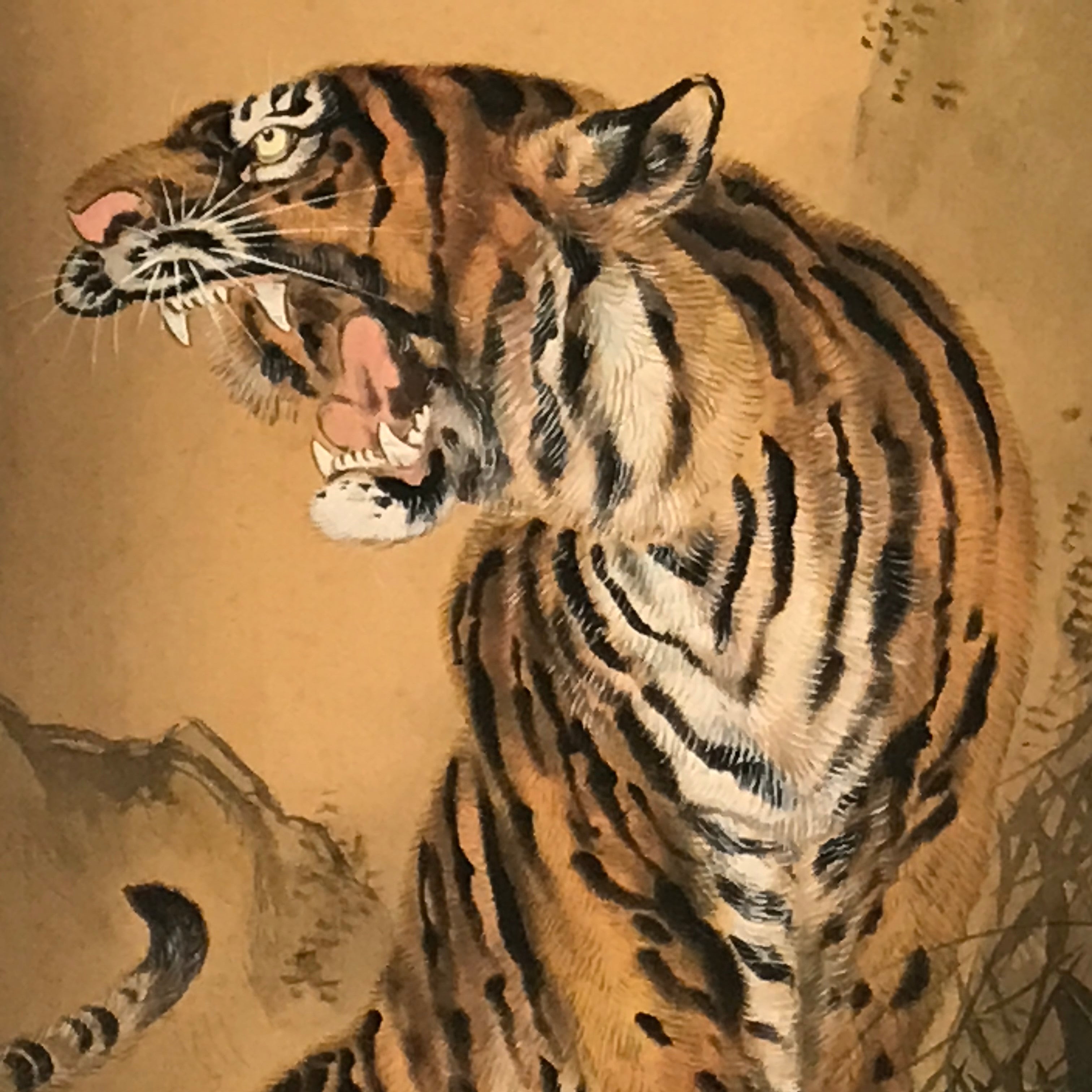 Japanese Hanging Scroll Vtg Roaring Tiger Orange Zodiac Animal Kakejiku SC819