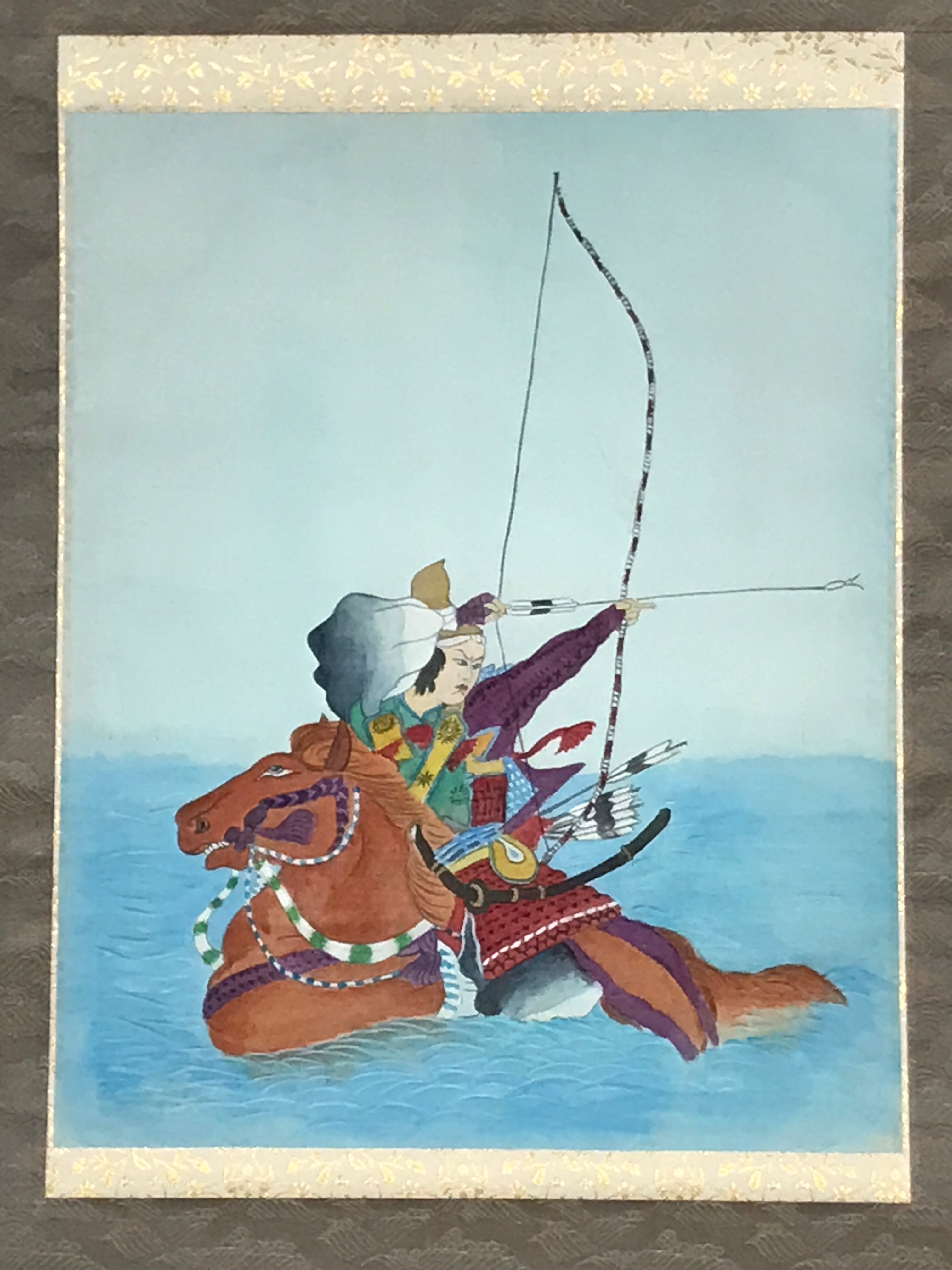 Japanese Hanging Scroll Vtg Samurai Bow Horse Sea Yabusame Color Kakejiku SC896