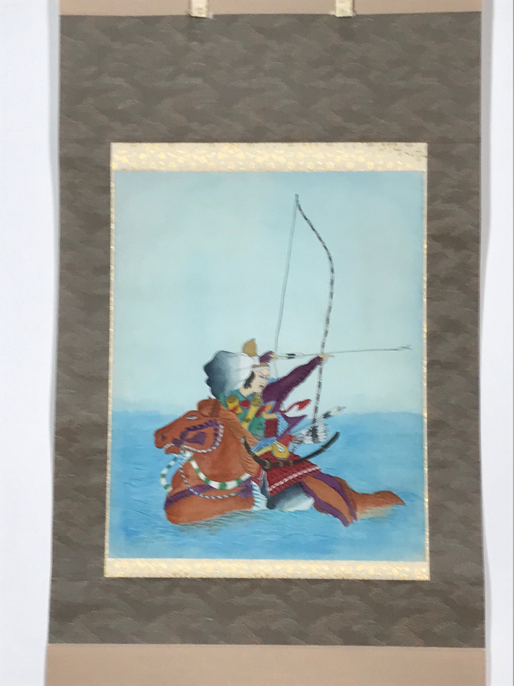 Japanese Hanging Scroll Vtg Samurai Bow Horse Sea Yabusame Color Kakejiku SC896