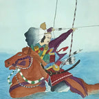 Japanese Hanging Scroll Vtg Samurai Bow Horse Sea Yabusame Color Kakejiku SC896