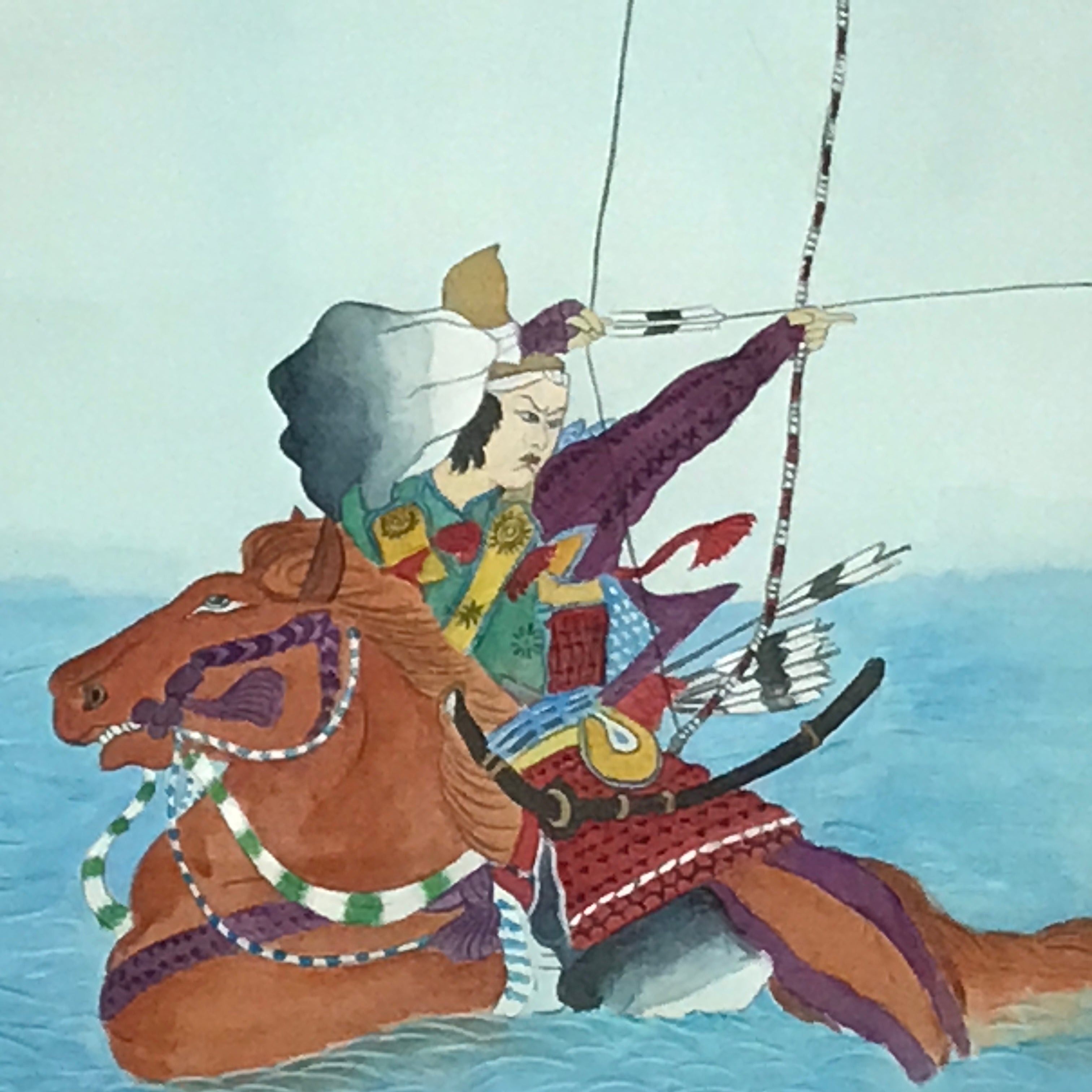 Japanese Hanging Scroll Vtg Samurai Bow Horse Sea Yabusame Color Kakejiku SC896