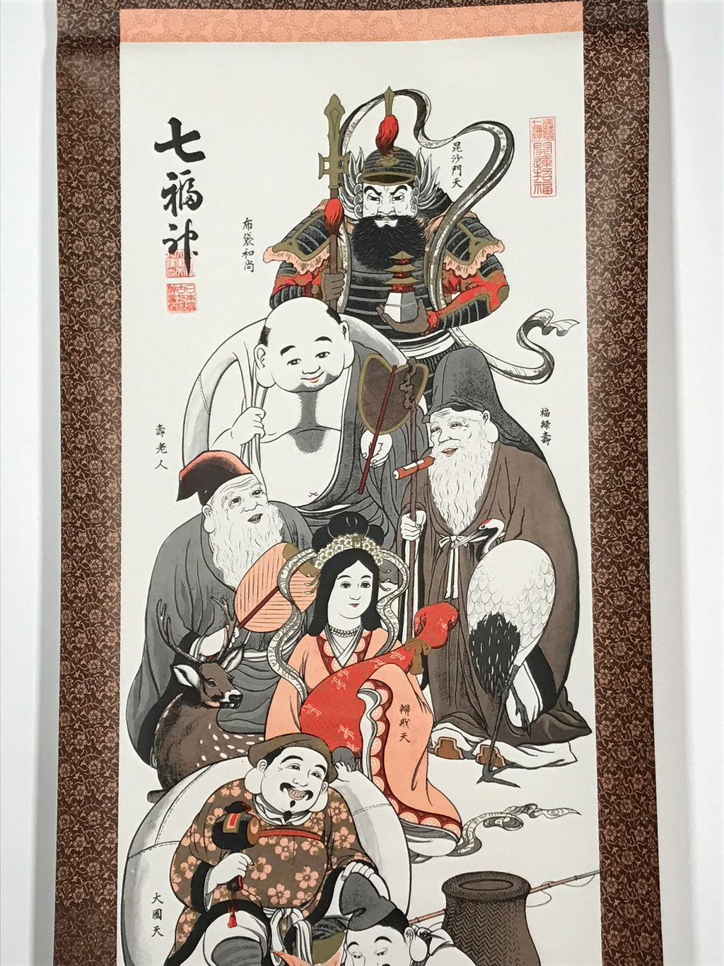 Japanese Hanging Scroll Vtg Seven Lucky Gods Color Kakejiku Chagake SC867
