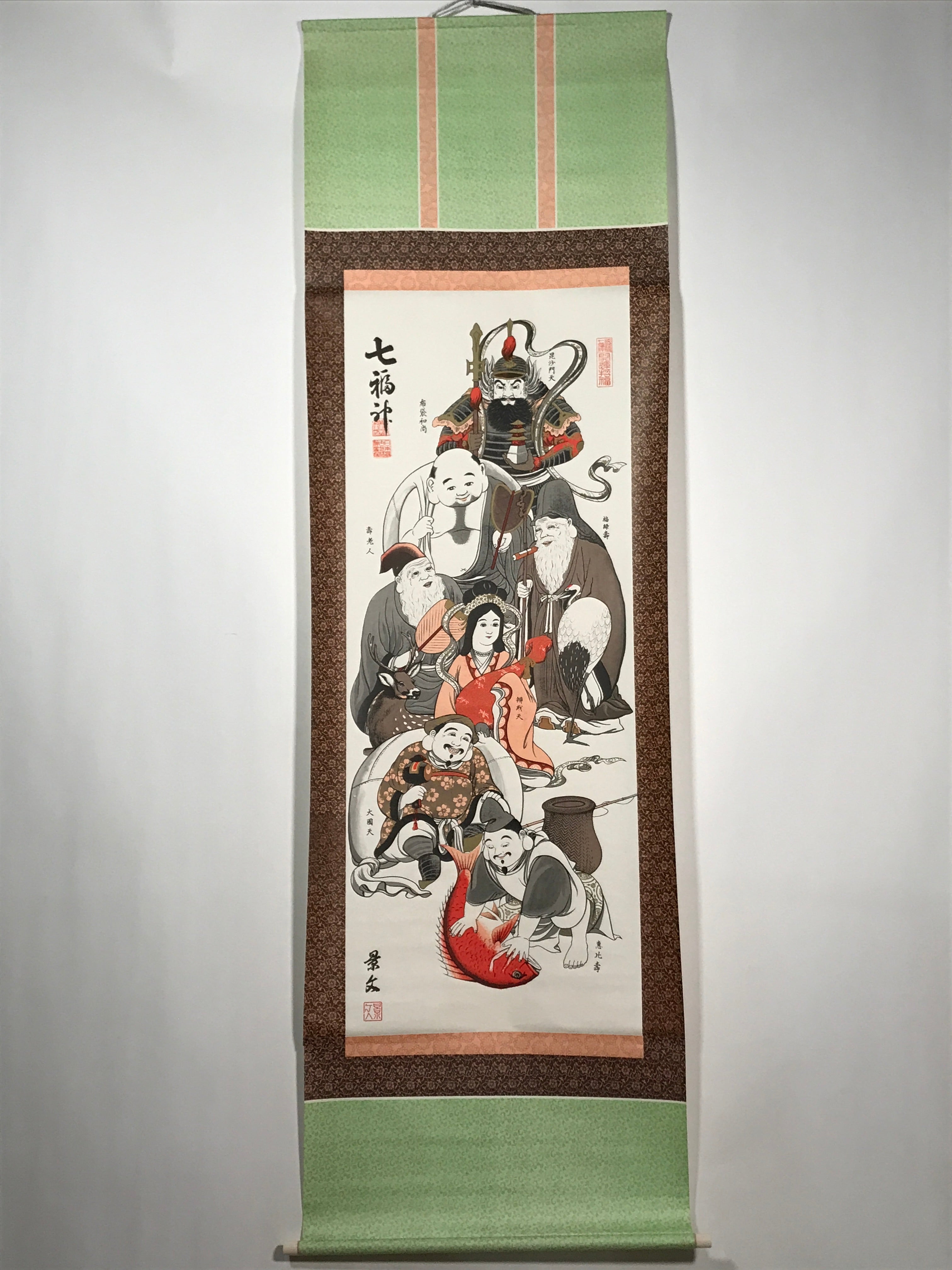 Japanese Hanging Scroll Vtg Seven Lucky Gods Color Kakejiku Chagake SC867