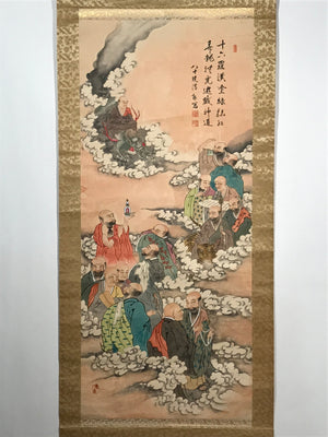 Japanese Hanging Scroll Vtg Sixteen Arhats Jyuroku Rakan Buddhist Kakejiku SC827