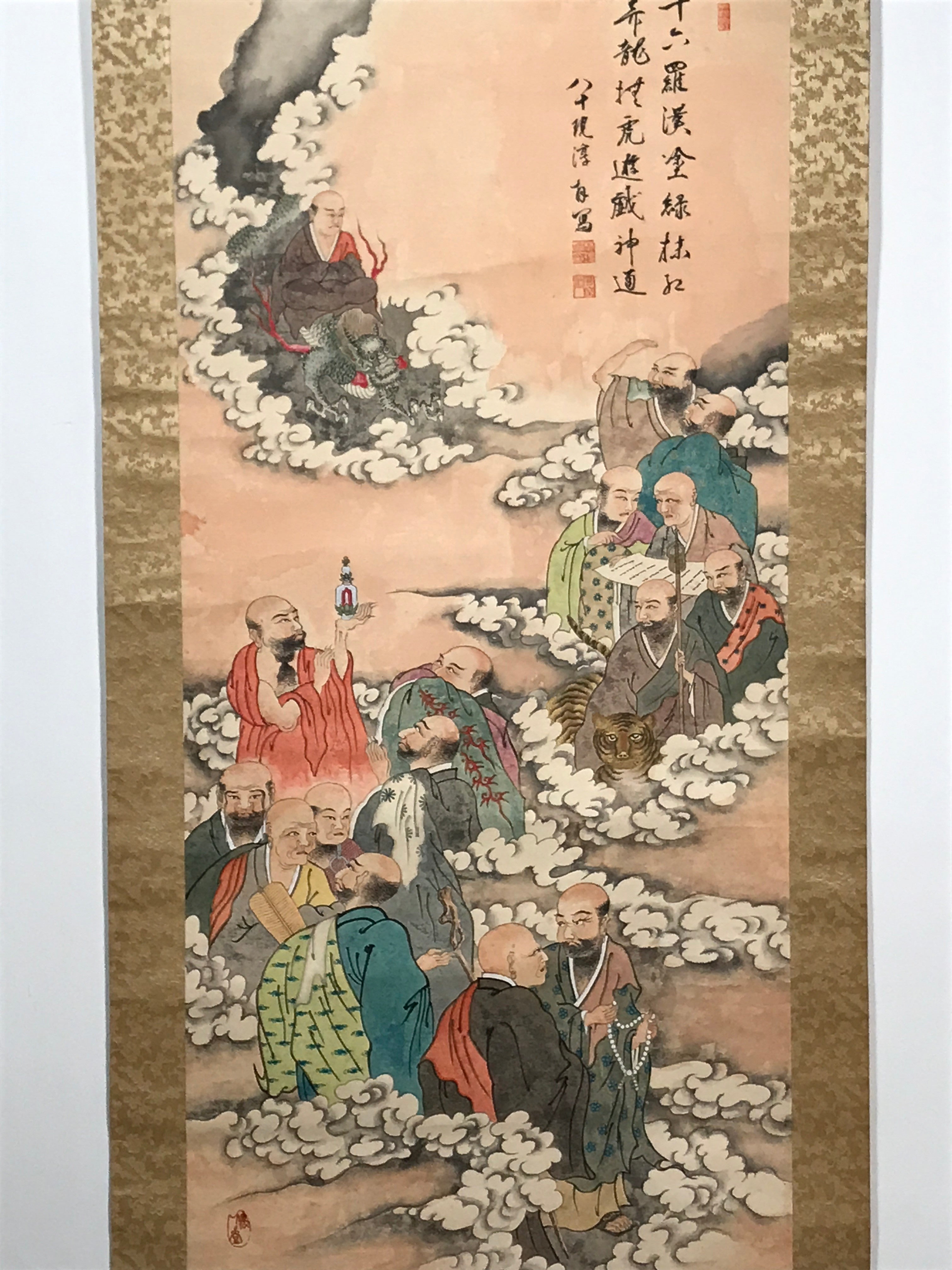 Japanese Hanging Scroll Vtg Sixteen Arhats Jyuroku Rakan Buddhist Kakejiku SC827