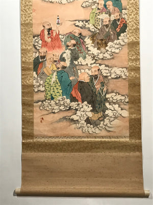 Japanese Hanging Scroll Vtg Sixteen Arhats Jyuroku Rakan Buddhist Kakejiku SC827