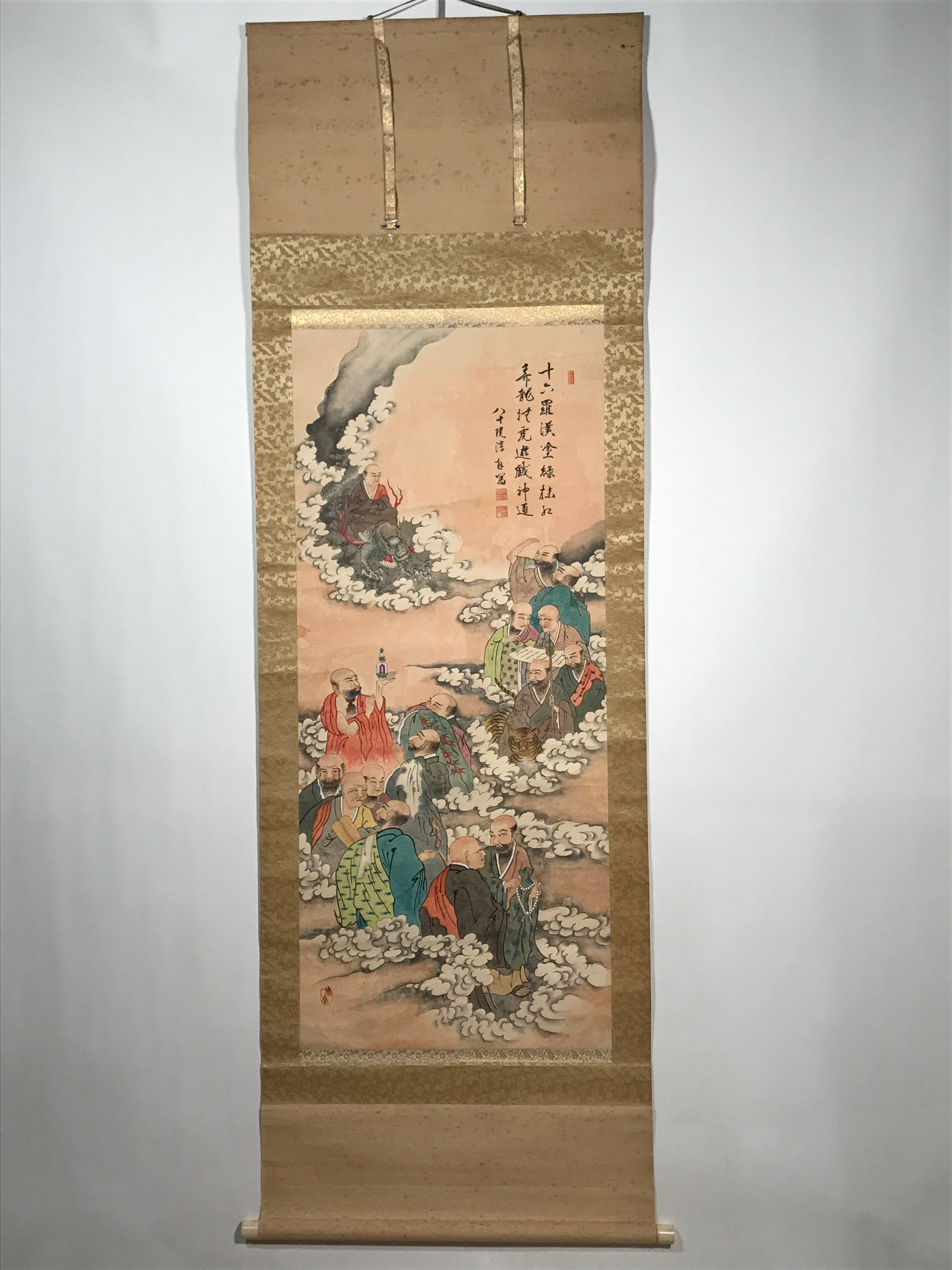 Japanese Hanging Scroll Vtg Sixteen Arhats Jyuroku Rakan Buddhist Kakejiku SC827