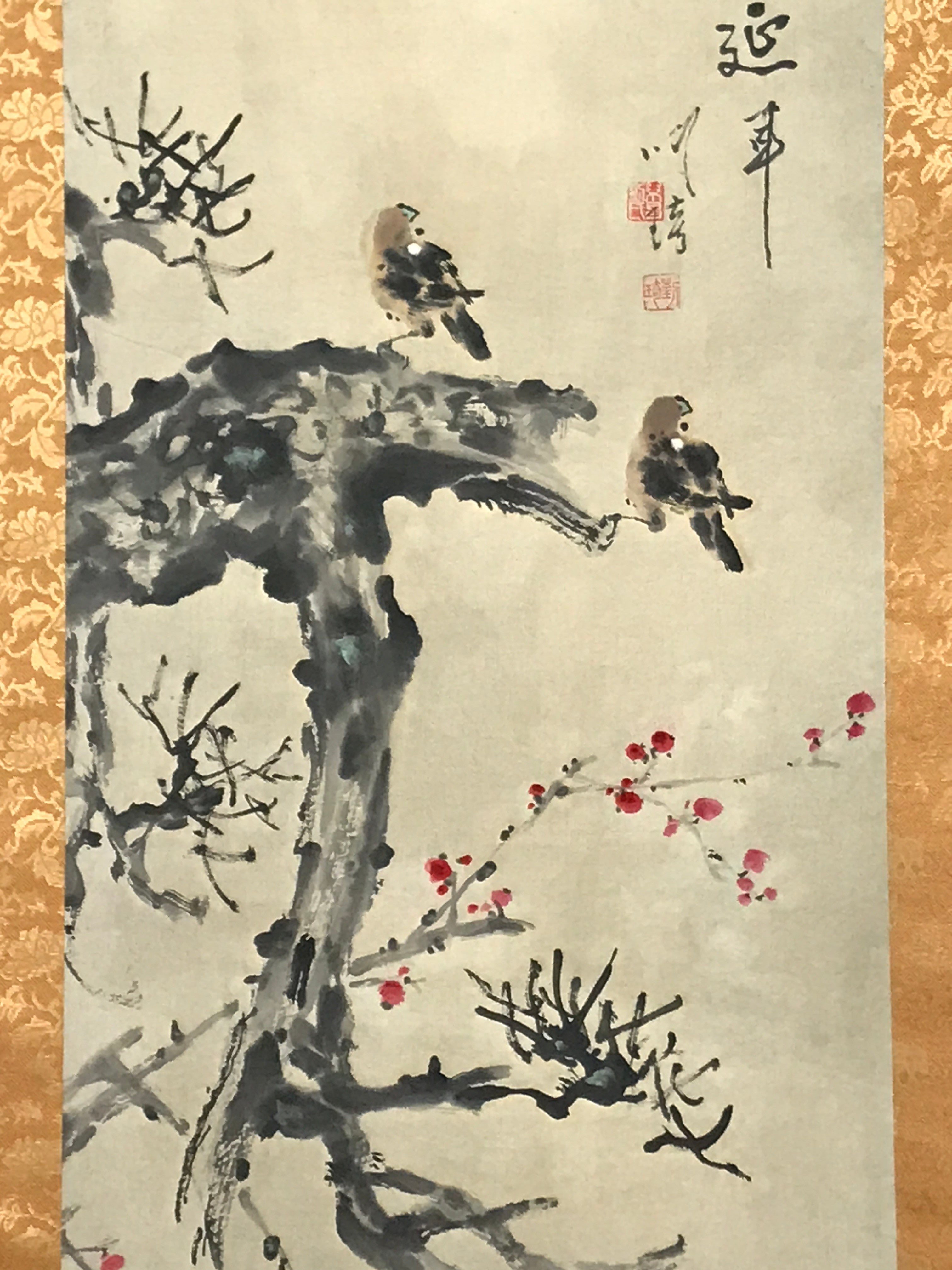 Japanese Hanging Scroll Vtg Small Birds Plum Blossom Spring Kacho Kakejiku SC841