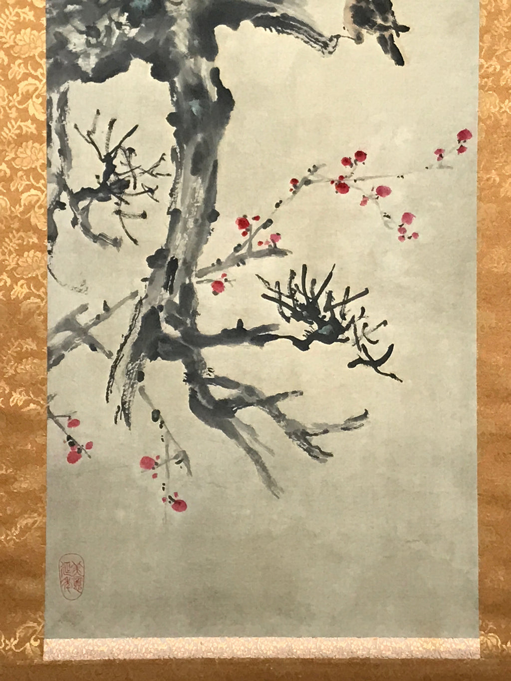 Japanese Hanging Scroll Vtg Small Birds Plum Blossom Spring Kacho Kakejiku SC841