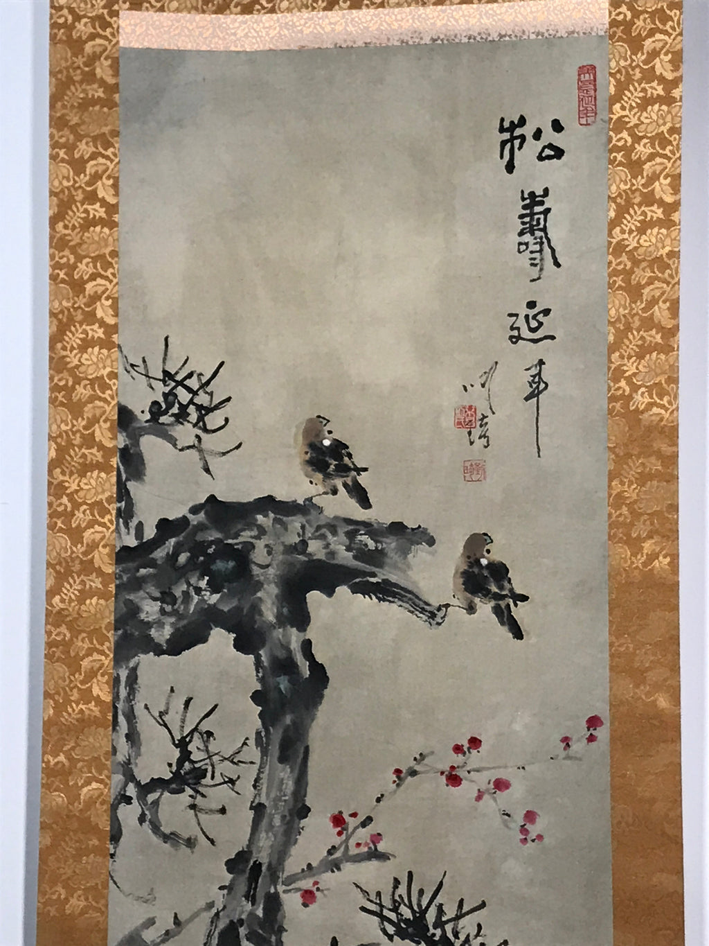 Japanese Hanging Scroll Vtg Small Birds Plum Blossom Spring Kacho Kakejiku SC841