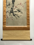 Japanese Hanging Scroll Vtg Small Birds Plum Blossom Spring Kacho Kakejiku SC841