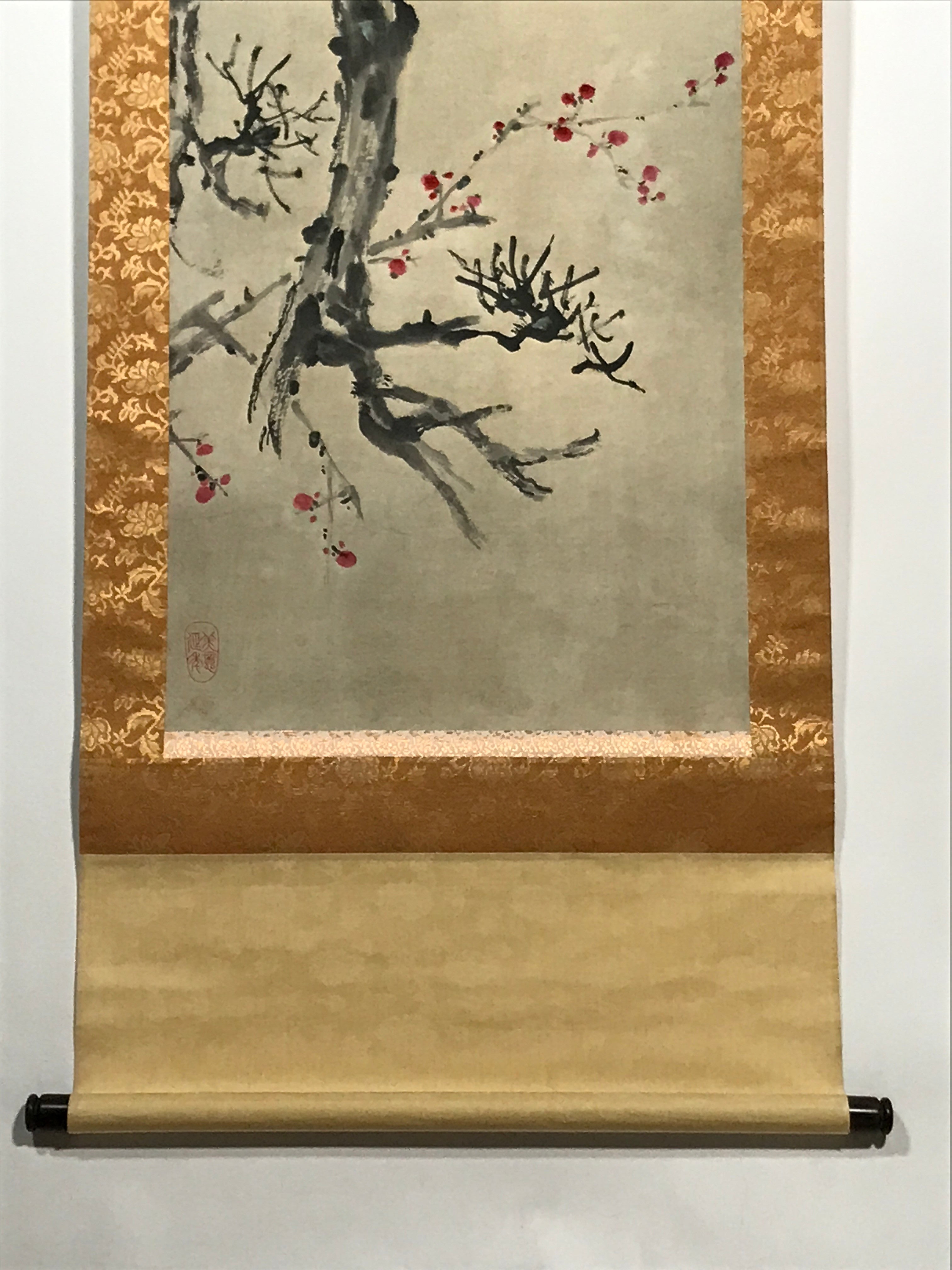 Japanese Hanging Scroll Vtg Small Birds Plum Blossom Spring Kacho Kakejiku SC841