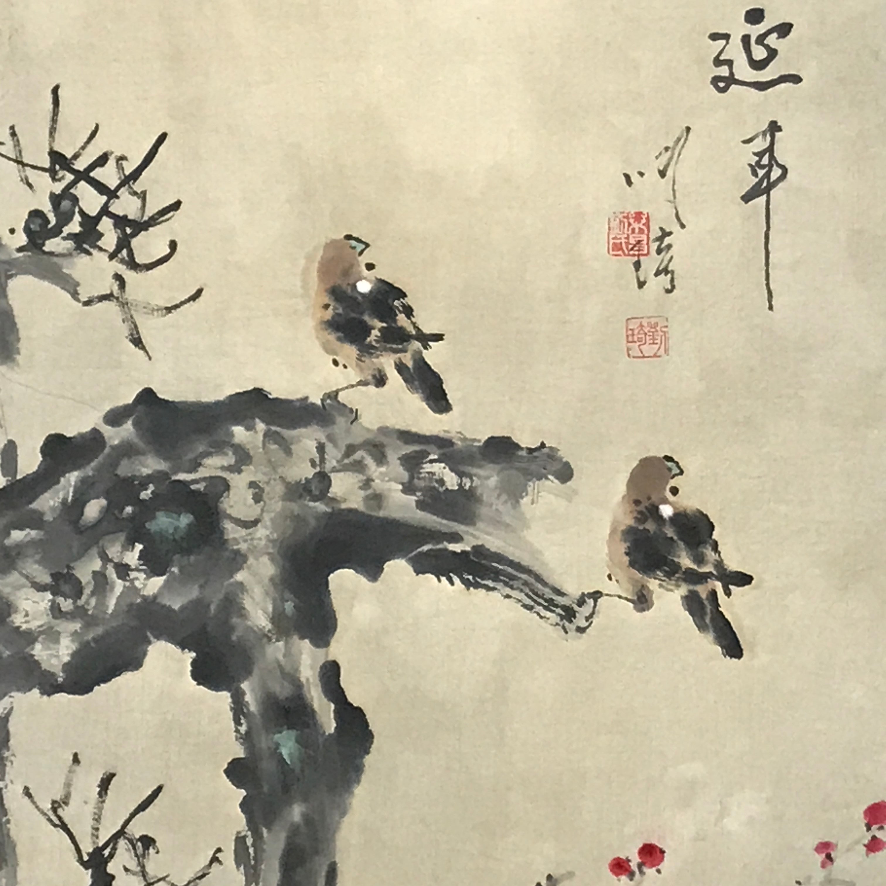 Japanese Hanging Scroll Vtg Small Birds Plum Blossom Spring Kacho Kakejiku SC841