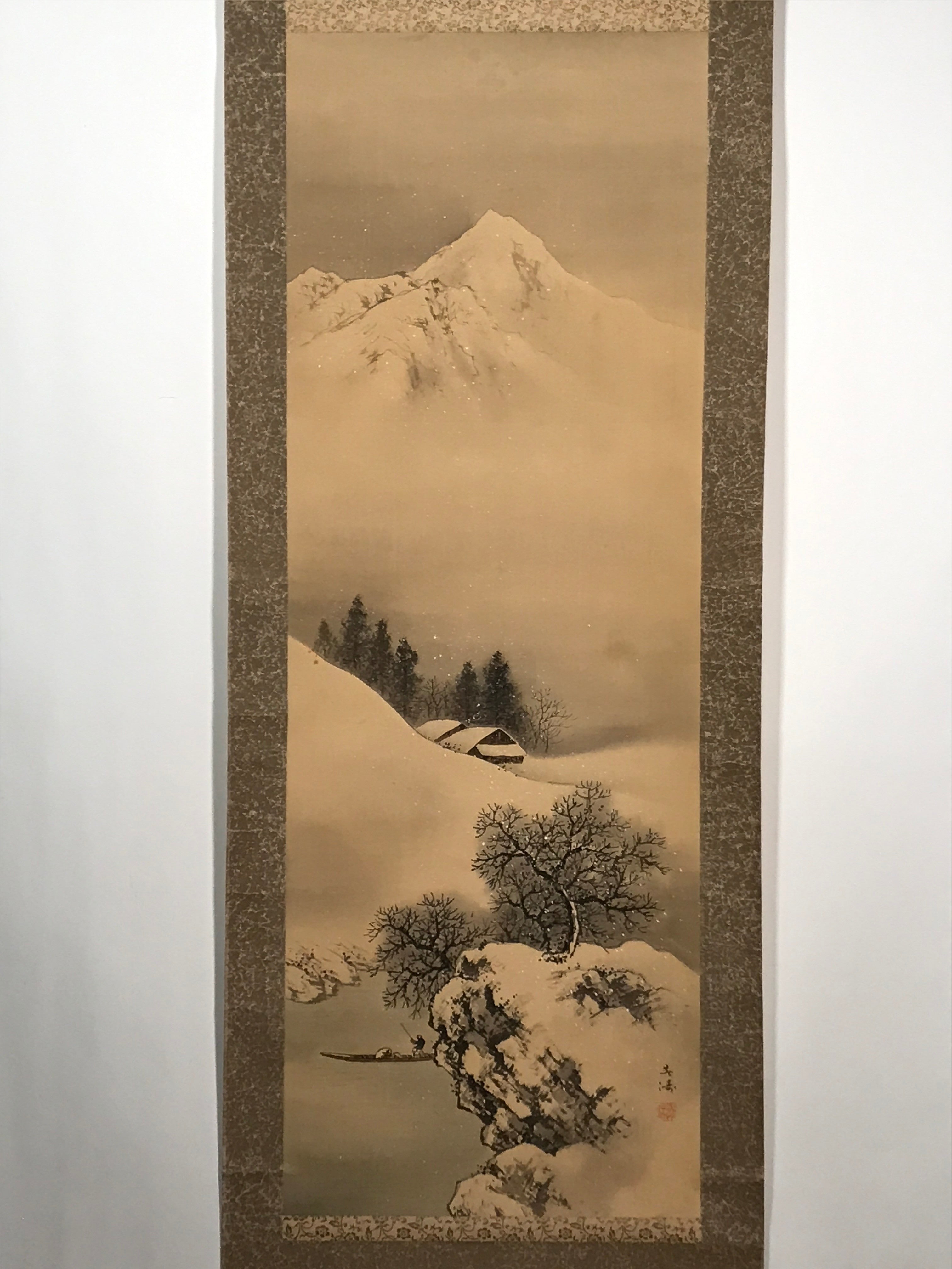 Japanese Hanging Scroll Vtg Snow Mountain Houses Winter Sansui Kakejiku SC820