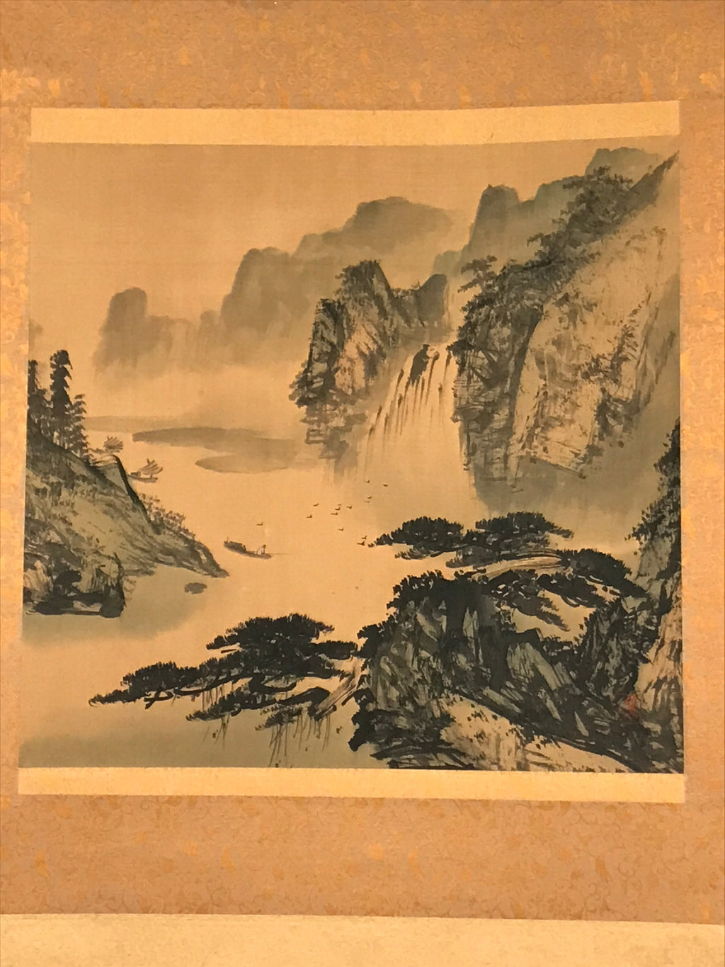Japanese Hanging Scroll Vtg Square Moutains Waterfall Sansui Kakejiku SC844