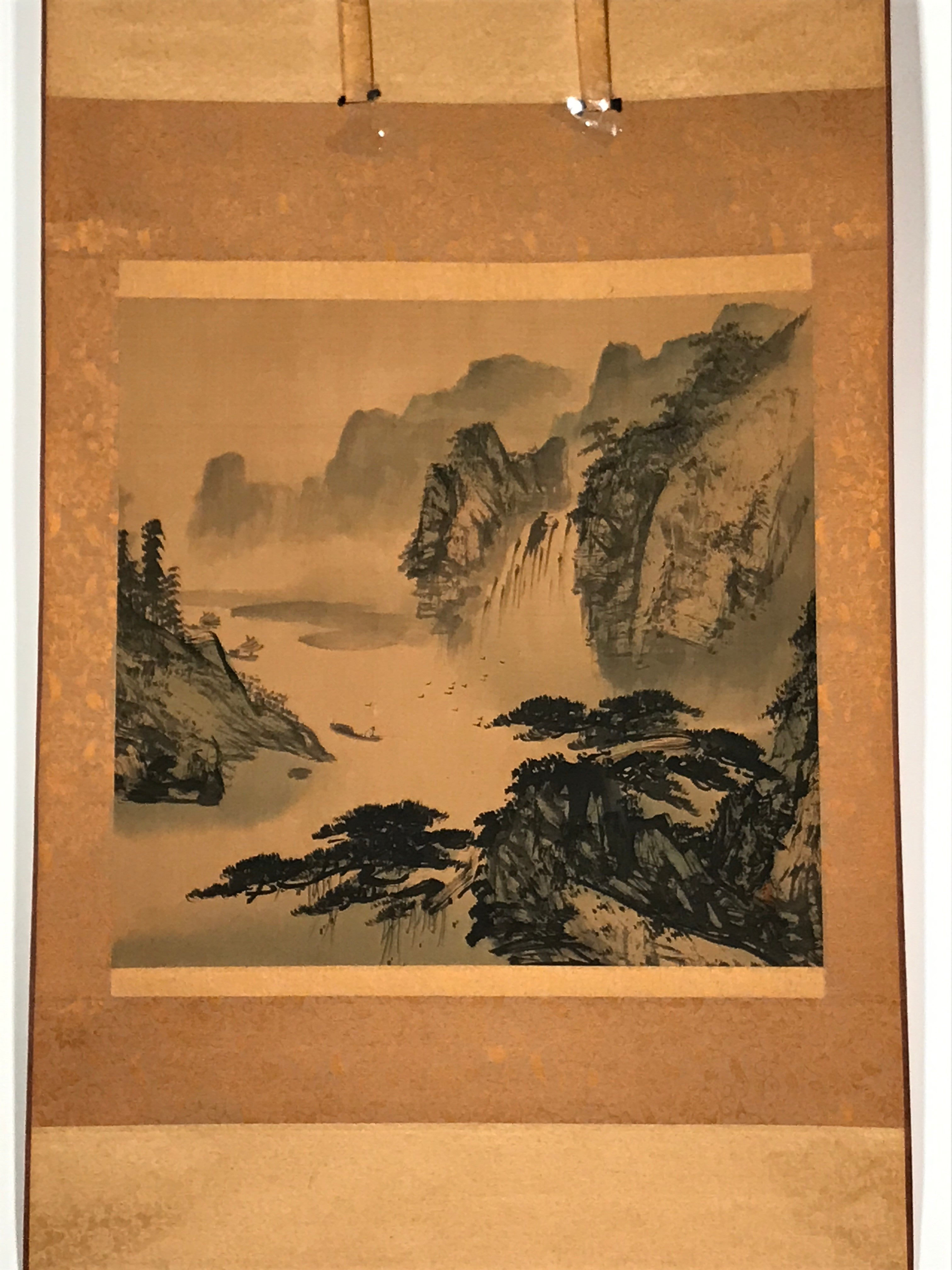 Japanese Hanging Scroll Vtg Square Moutains Waterfall Sansui Kakejiku SC844