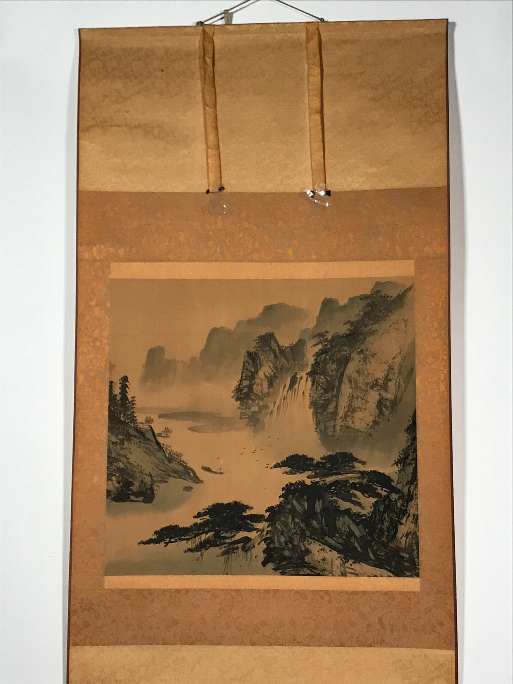 Japanese Hanging Scroll Vtg Square Moutains Waterfall Sansui Kakejiku SC844