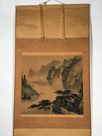 Japanese Hanging Scroll Vtg Square Moutains Waterfall Sansui Kakejiku SC844