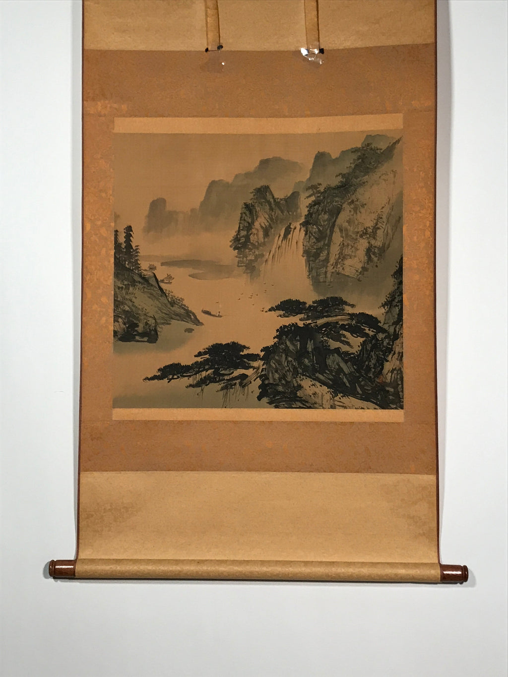 Japanese Hanging Scroll Vtg Square Moutains Waterfall Sansui Kakejiku SC844