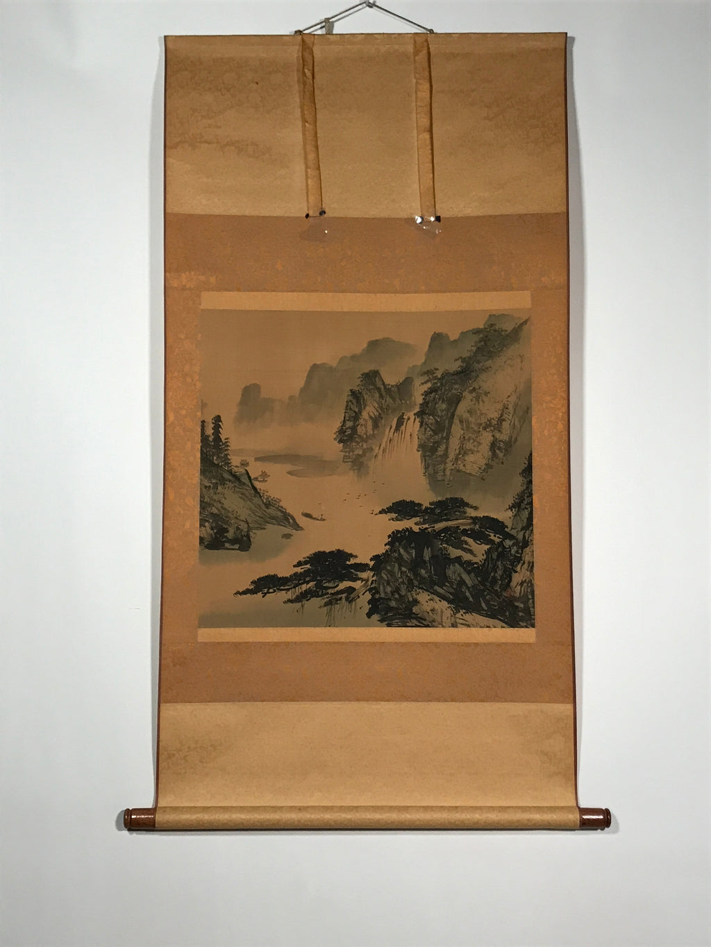 Japanese Hanging Scroll Vtg Square Moutains Waterfall Sansui Kakejiku SC844