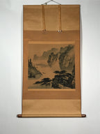Japanese Hanging Scroll Vtg Square Moutains Waterfall Sansui Kakejiku SC844