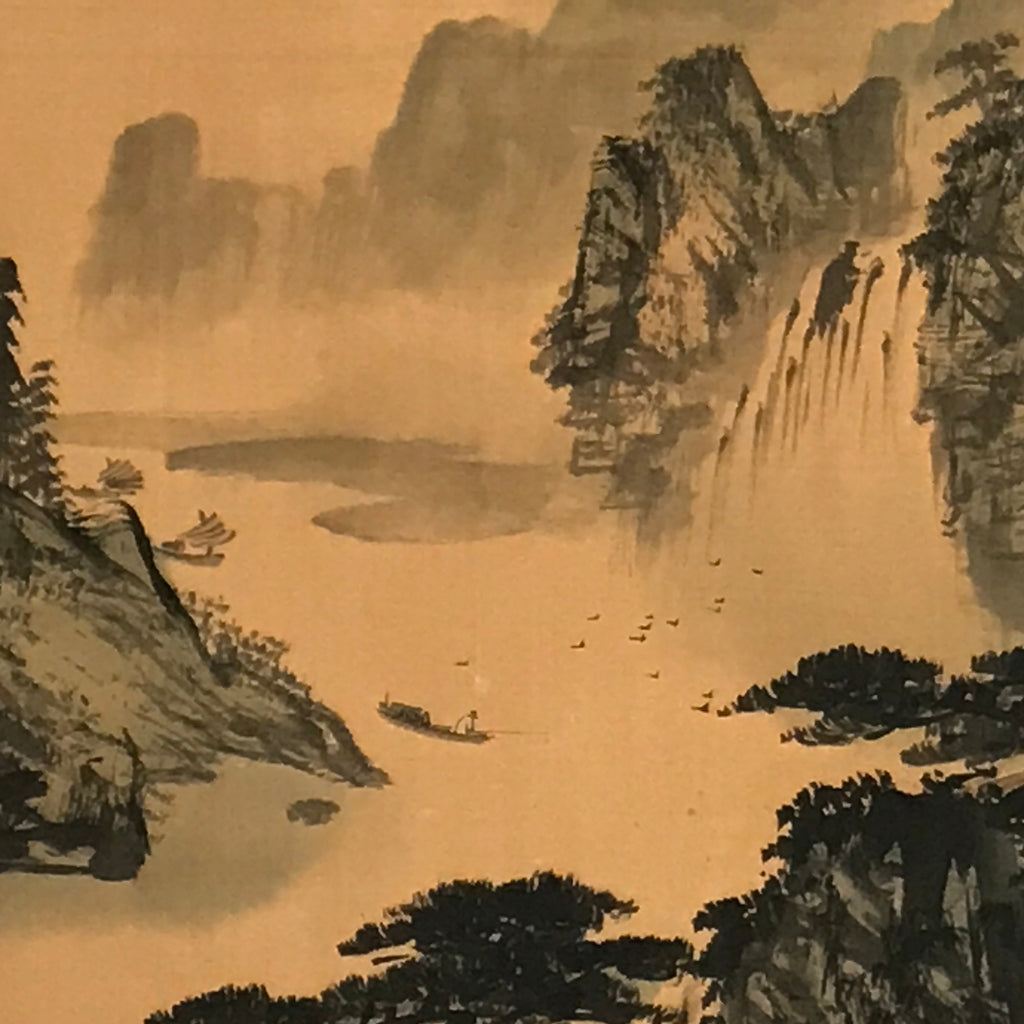 Japanese Hanging Scroll Vtg Square Moutains Waterfall Sansui Kakejiku SC844