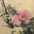 Japanese Hanging Scroll Vtg Three Flowers Pink Yellow White Kakejiku SC852