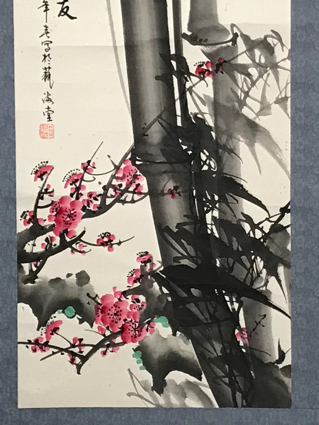 Japanese Hanging Scroll Vtg Three Friends Of Winter Red Black Kakejiku SC845