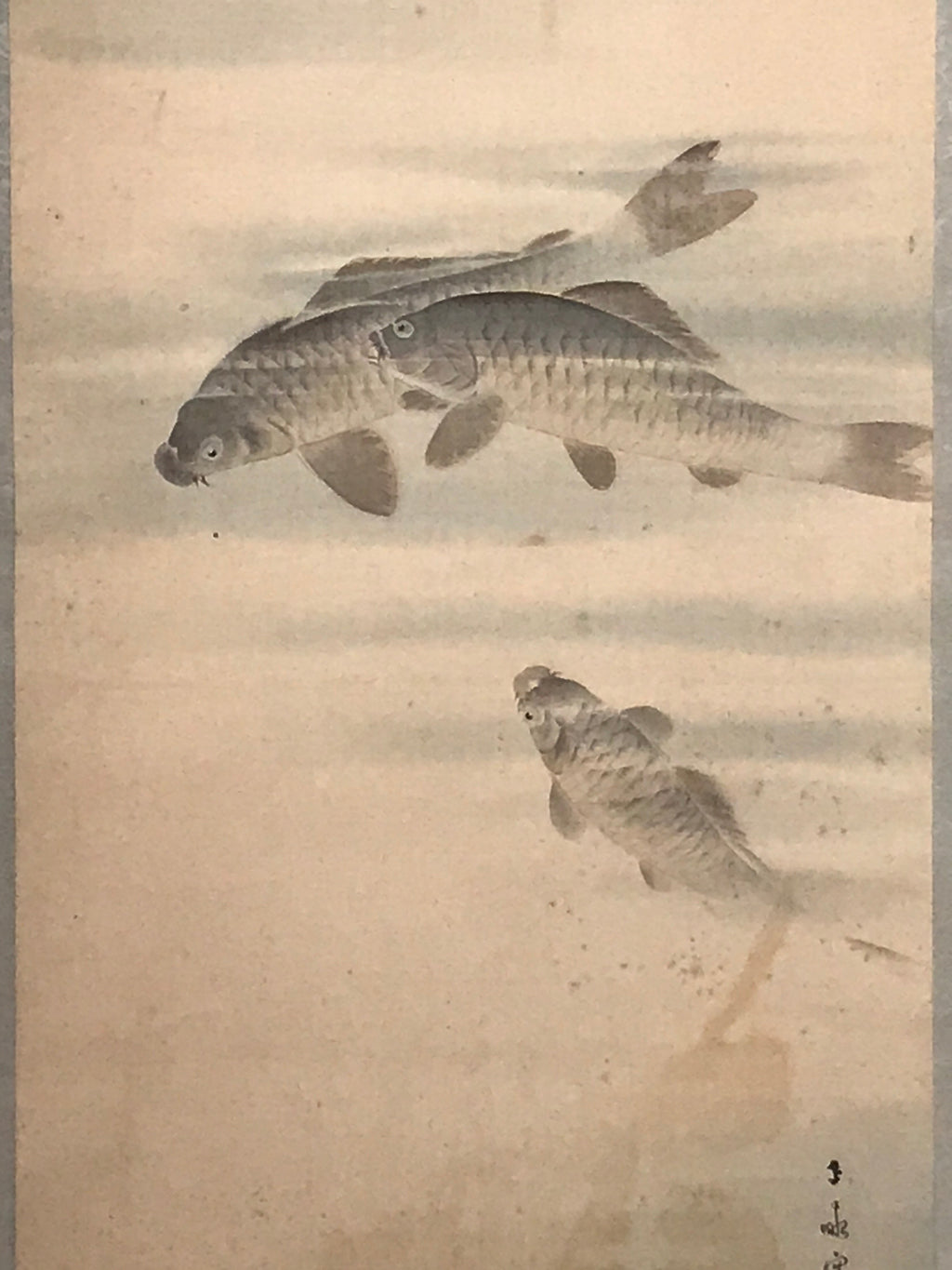 Japanese Hanging Scroll Vtg Three Swimming Carps Black Fish Kakejiku SC817