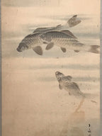 Japanese Hanging Scroll Vtg Three Swimming Carps Black Fish Kakejiku SC817