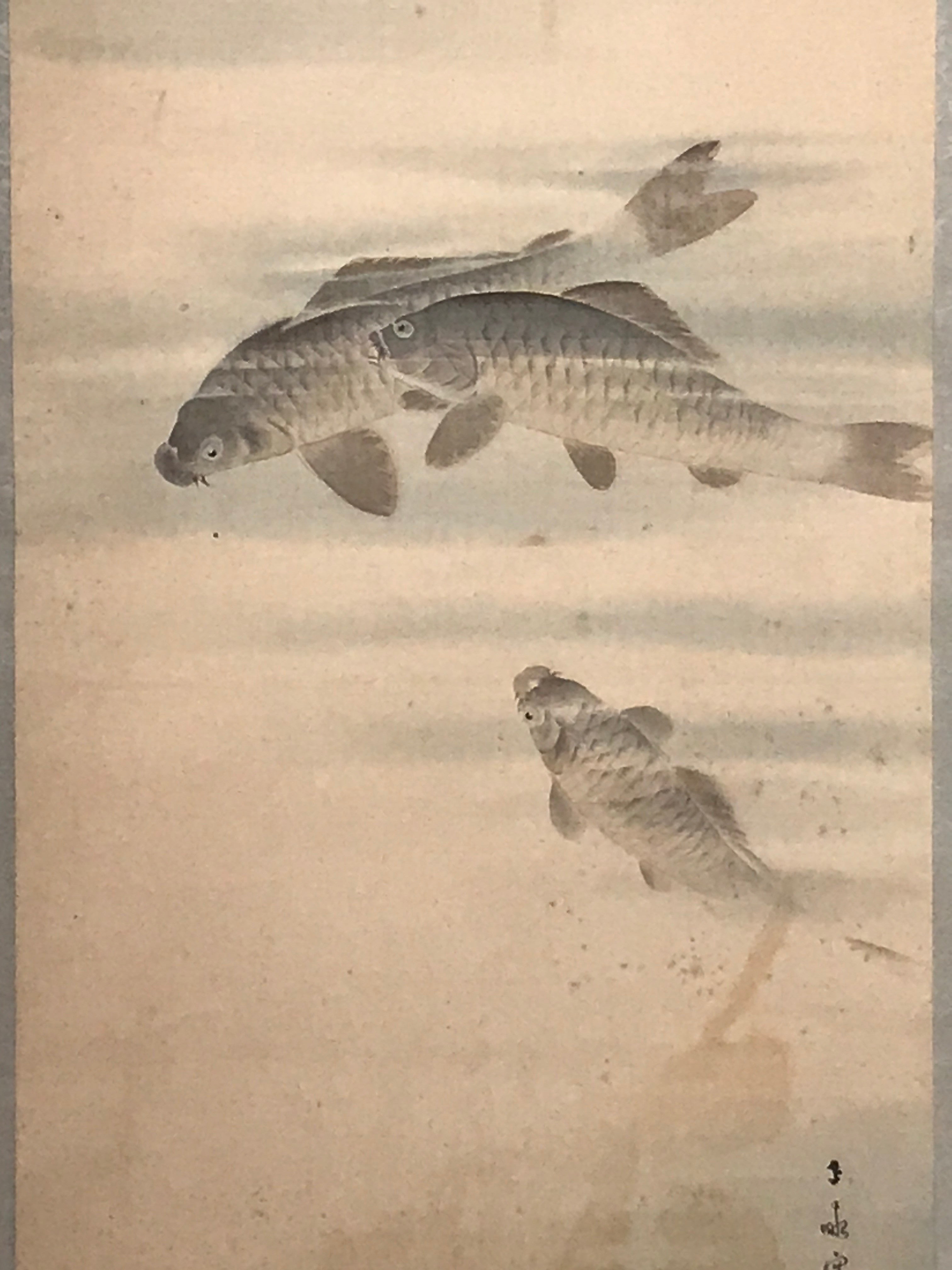 Japanese Hanging Scroll Vtg Three Swimming Carps Black Fish Kakejiku SC817