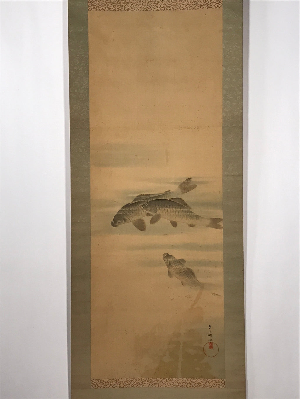 Japanese Hanging Scroll Vtg Three Swimming Carps Black Fish Kakejiku SC817
