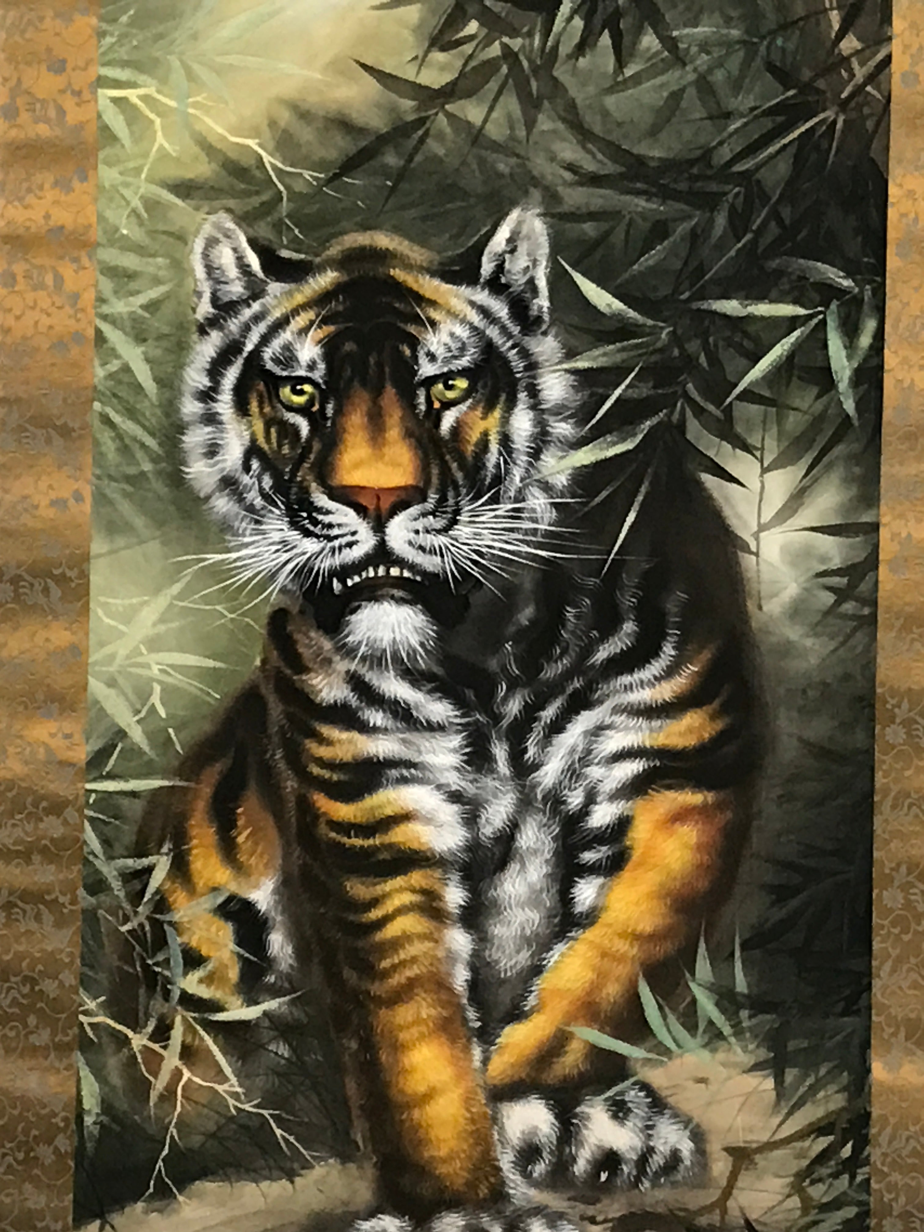 Japanese Hanging Scroll Vtg Tiger Bamboo Color Zodiac Animal Kakejiku SC860