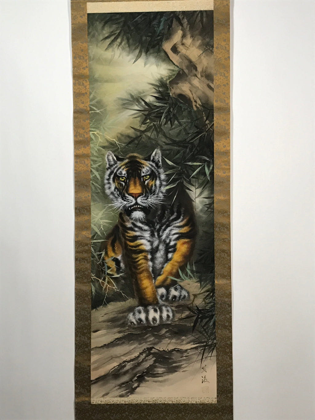Japanese Hanging Scroll Vtg Tiger Bamboo Color Zodiac Animal Kakejiku SC860