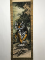 Japanese Hanging Scroll Vtg Tiger Bamboo Color Zodiac Animal Kakejiku SC860