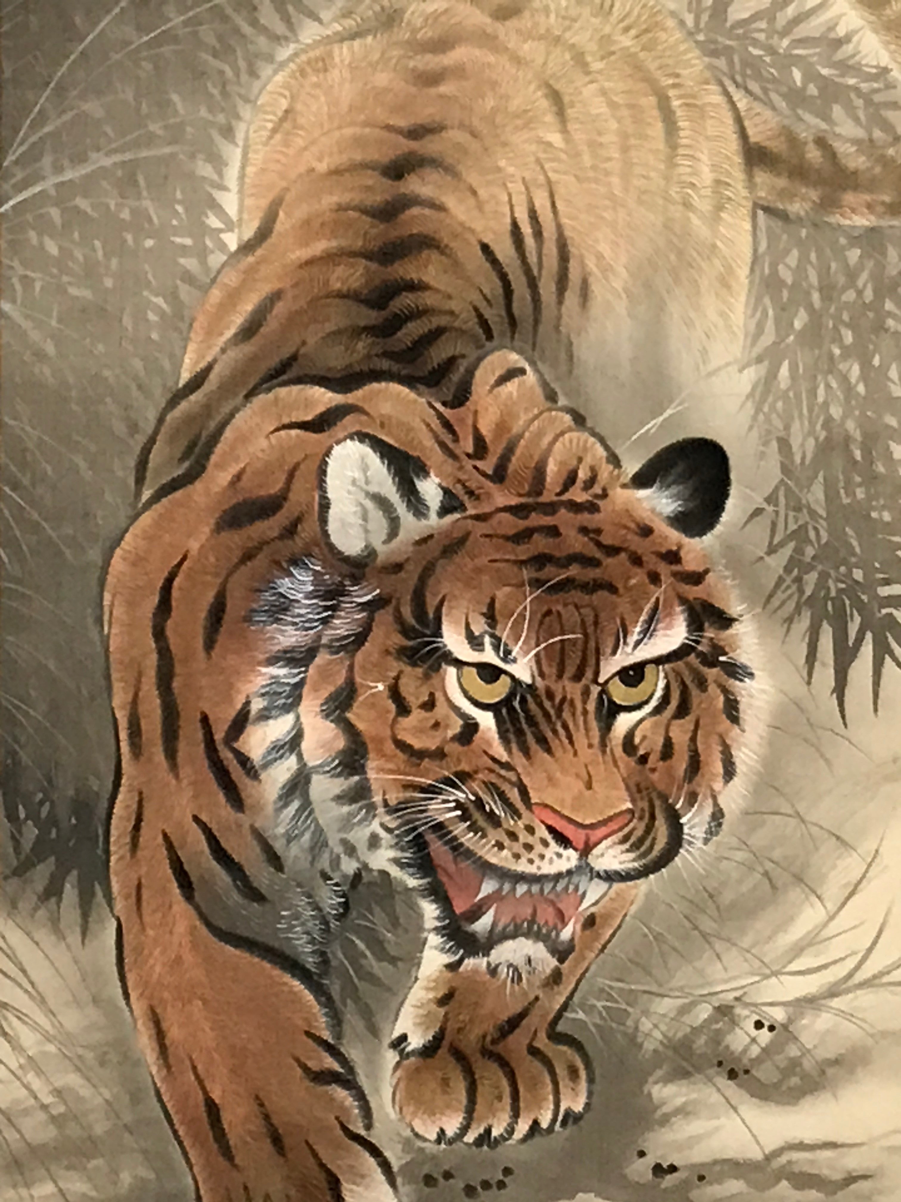 Japanese Hanging Scroll Vtg Tiger Bamboo Forest Zodiac Animal Kakejiku SC828