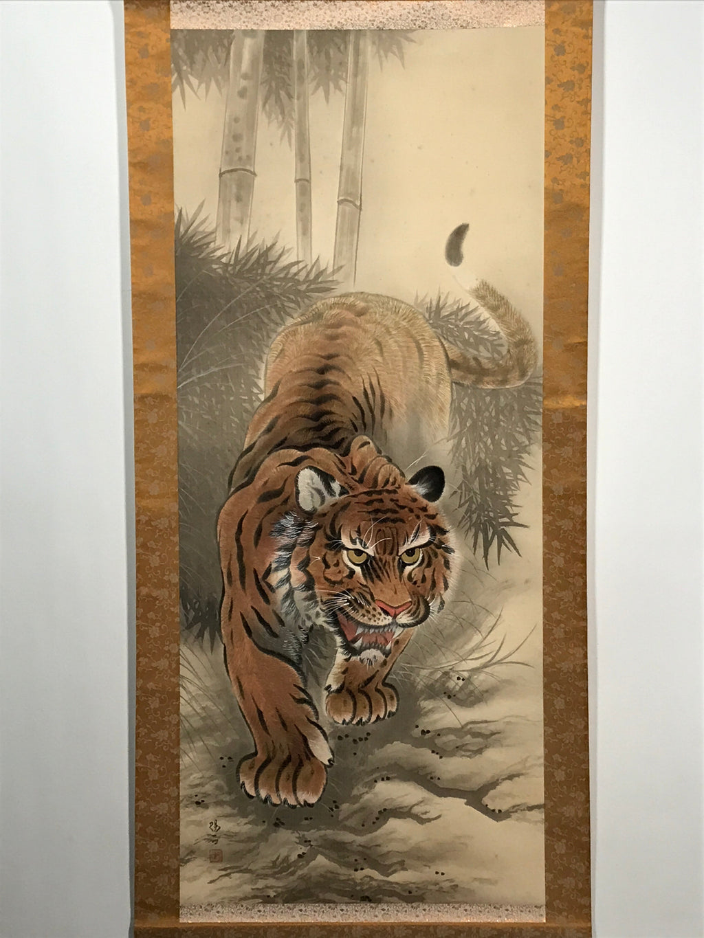 Japanese Hanging Scroll Vtg Tiger Bamboo Forest Zodiac Animal Kakejiku SC828