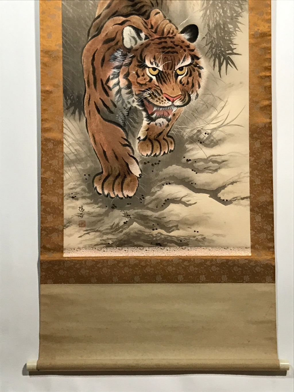 Japanese Hanging Scroll Vtg Tiger Bamboo Forest Zodiac Animal Kakejiku SC828
