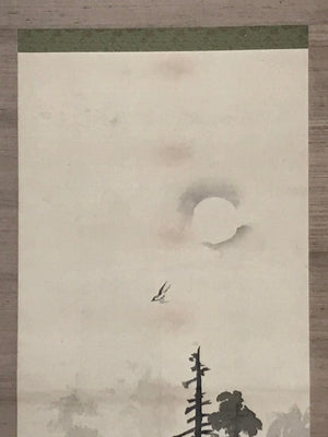 Japanese Hanging Scroll Vtg Trees Flying Bird Black Ink Kakejiku Chagake SC915