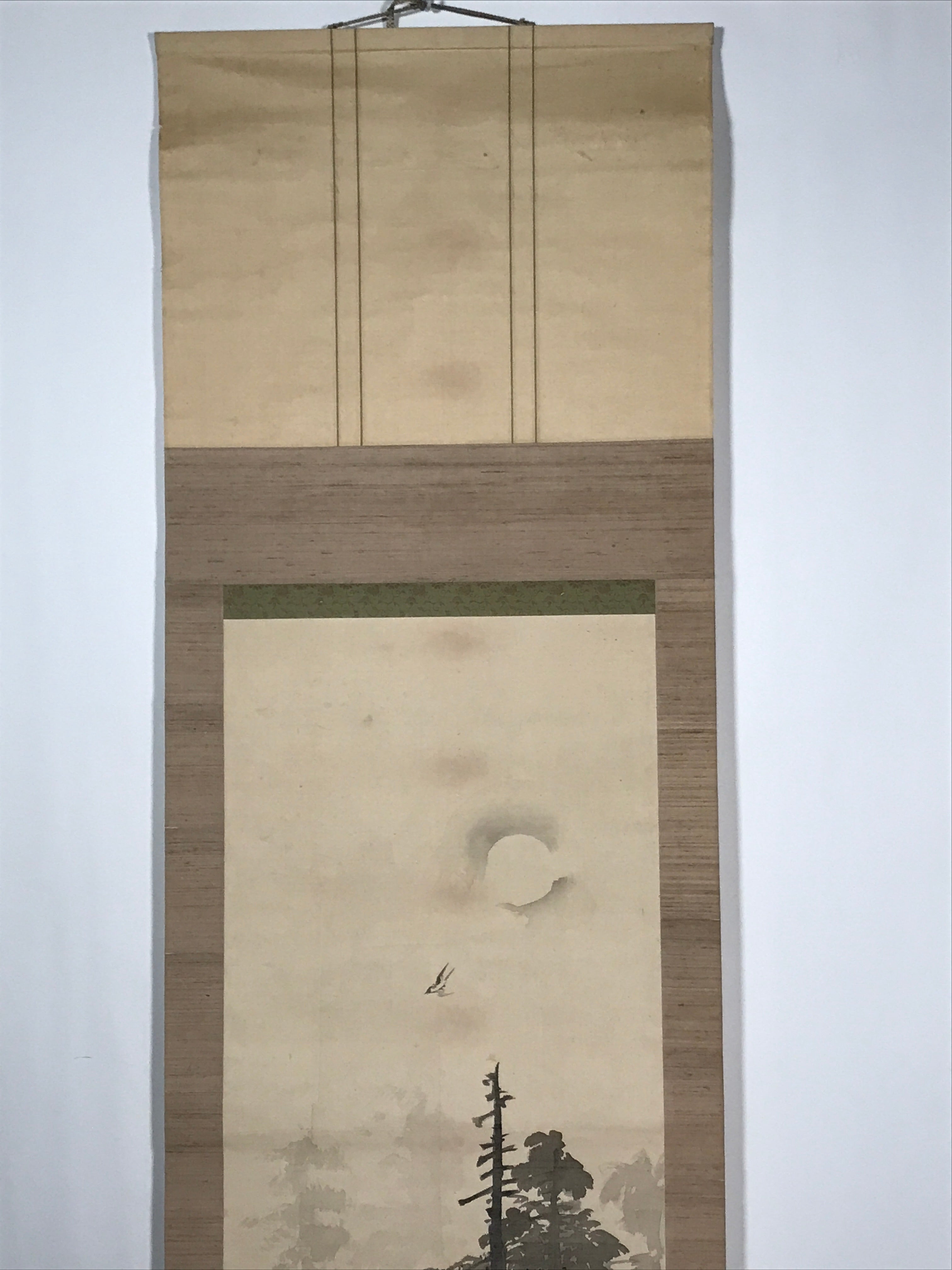 Japanese Hanging Scroll Vtg Trees Flying Bird Black Ink Kakejiku Chagake SC915